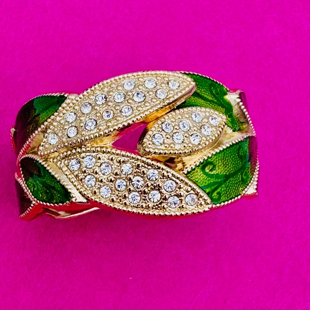 Enamel Rhinestone Metallic Green & Gold Tone Leaf Hinged Clamper Bracelet